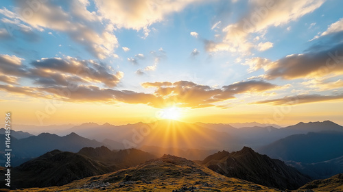 Fototapeta Naklejka Na Ścianę i Meble -  Breathtaking sunrise over mountain peaks with vibrant clouds and sky