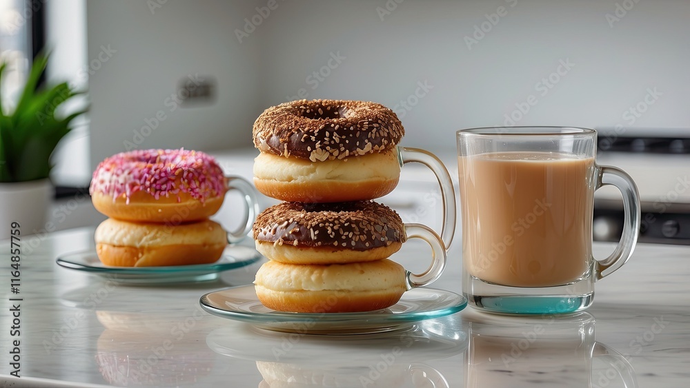 A platter of donuts is in the background, while three clear glass mugs are placed on a white countertop. A platter of donuts is in the background, while three clear glass mugs are placed on a white countertop.
