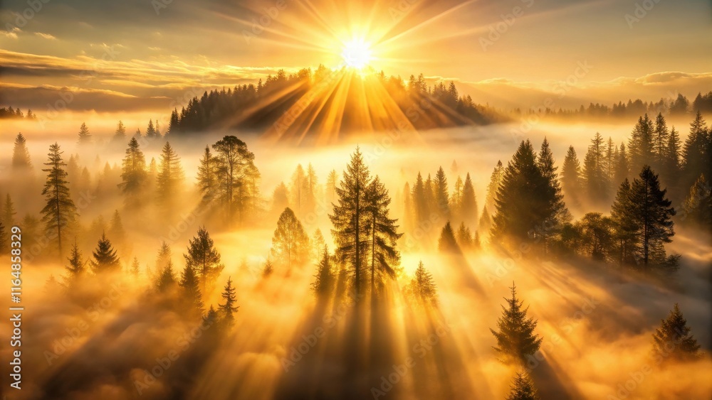 Obraz premium Golden Sunrise Illuminates Misty Evergreen Forest With Sunbeams