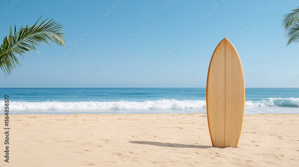 wooden surfboard stands on sandy beach with clear blue skies wooden surfboard stands on sandy beach with clear blue skies