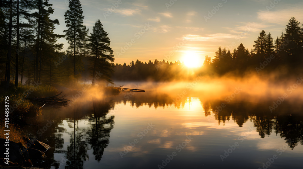Fototapeta premium Misty Dawn: Serenity And Tranquility Reflected In The Mirroring Lake