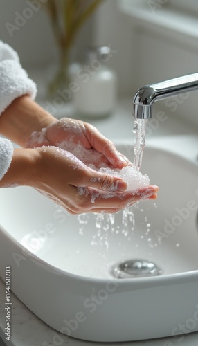 A pair of hands, delicately lathering soap, are positioned under a sparkling faucet, with water cascading down. This serene moment captures the essence of self-care and cleanliness, evoking feelings