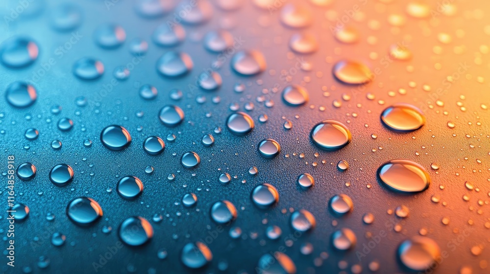 Droplets abstract background concept. Close-up of water droplets on a smooth surface with vibrant colors.