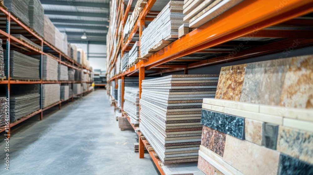 Fototapeta premium Large storage racks filled with stacks of finished tiles in various colors and patterns, ready for distribution.
