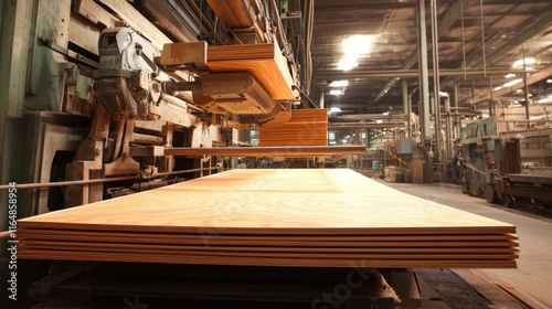 Large industrial press bonding multiple layers of wood veneers to create sturdy plywood sheets.