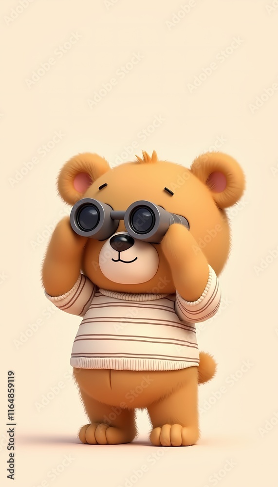 Naklejka premium Teddy bear in striped shirt looking through binoculars.