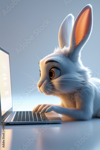 AI genertaive. 3d cartoon of rabbit playing laptop on table in room with big window with cityspace background. 1 photo