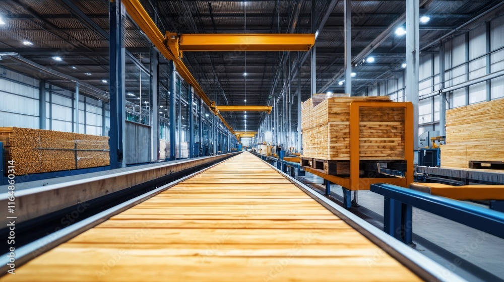Modern conveyor system moving timber planks through various stages of processing in a clean factory. Modern conveyor system moving timber planks through various stages of processing in a clean factory.