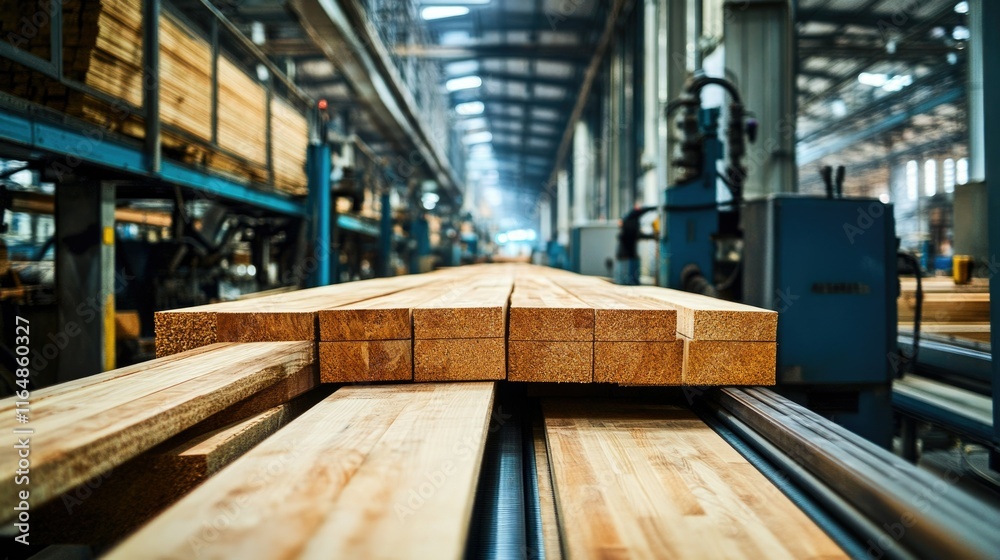 Modern conveyor system moving timber planks through various stages of processing in a clean factory. Modern conveyor system moving timber planks through various stages of processing in a clean factory.