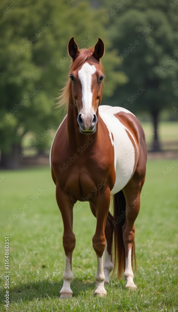 A stunning chestnut horse stands proudly in a lush green field, showcasing its beautiful white markings. The horses confident stance and expressive eyes evoke a sense of grace and strength, embodying A stunning chestnut horse stands proudly in a lush green field, showcasing its beautiful white markings. The horses confident stance and expressive eyes evoke a sense of grace and strength, embodying