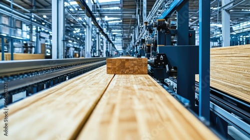 Modern conveyor system moving timber planks through various stages of processing in a clean factory.
