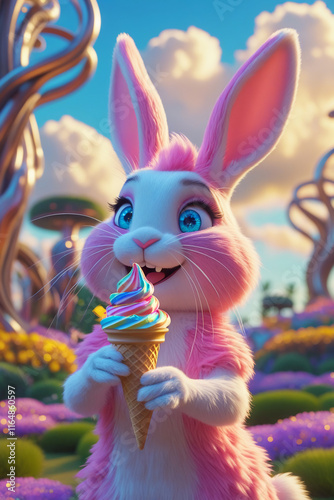 AI genertaive. 3d cartoon of a rabbit eat ice cream sit on the outside background. 3 photo