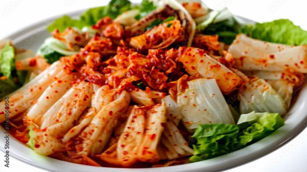 Delicious Korean kimchi salad with fresh vegetables and spicy dressing served on a white plate Delicious Korean kimchi salad with fresh vegetables and spicy dressing served on a white plate