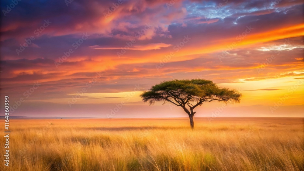 Fototapeta premium Serene Sunset Landscape Solitary Tree in Golden Grassland under Vibrant Sky