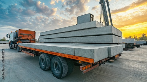 Precast concrete slabs being loaded onto flatbed trucks in a busy plant shipping area.