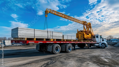 Precast concrete slabs being loaded onto flatbed trucks in a busy plant shipping area.