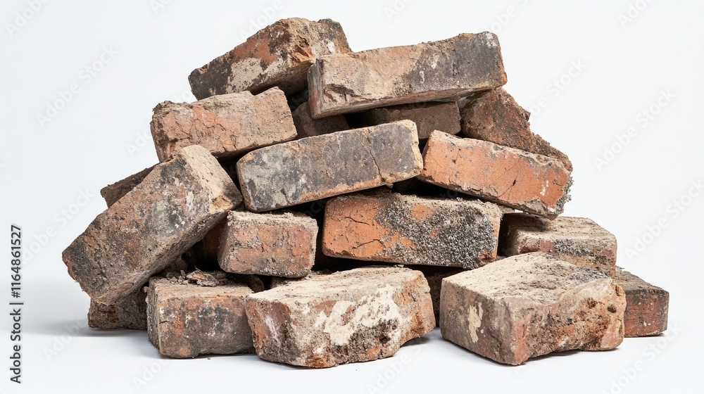 A disordered stack of bricks with dirt and grit on their surfaces, unevenly arranged, set against a stark white background to emphasize their weathered details A disordered stack of bricks with dirt and grit on their surfaces, unevenly arranged, set against a stark white background to emphasize their weathered details
