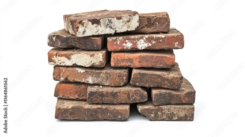 A disordered stack of bricks with dirt and grit on their surfaces, unevenly arranged, set against a stark white background to emphasize their weathered details A disordered stack of bricks with dirt and grit on their surfaces, unevenly arranged, set against a stark white background to emphasize their weathered details