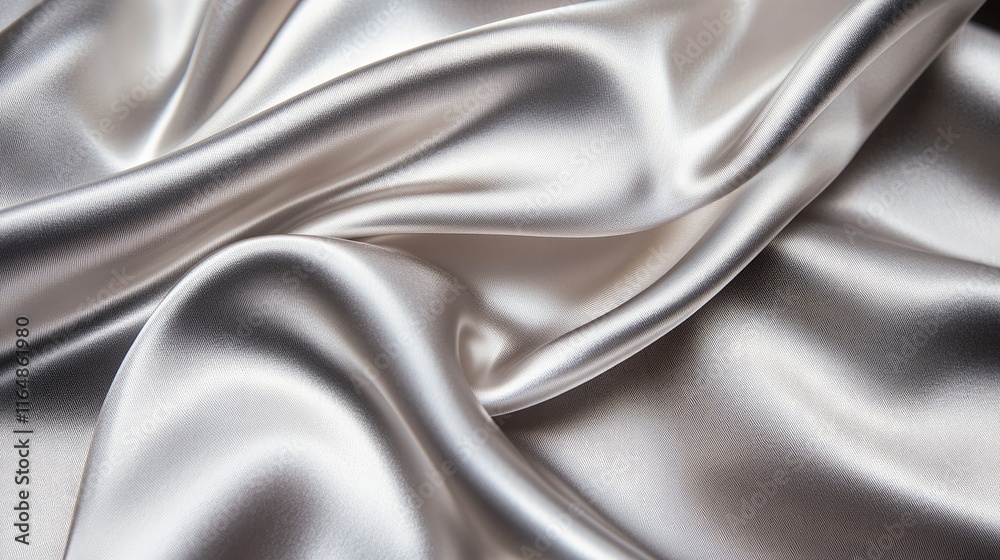 Naklejka premium A flowing streak of silver fabric, captured in an abstract style, creating a sleek and modern background with light reflections and smooth texture