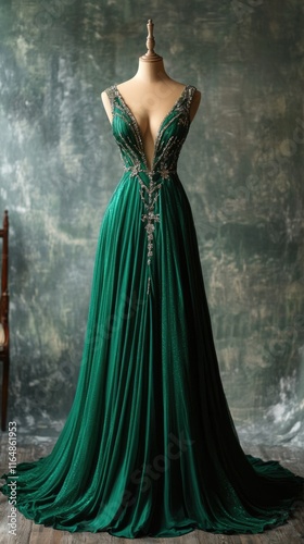 Rich emerald green evening gown with a plunging neckline and sparkling details, styled for an elegant gala.