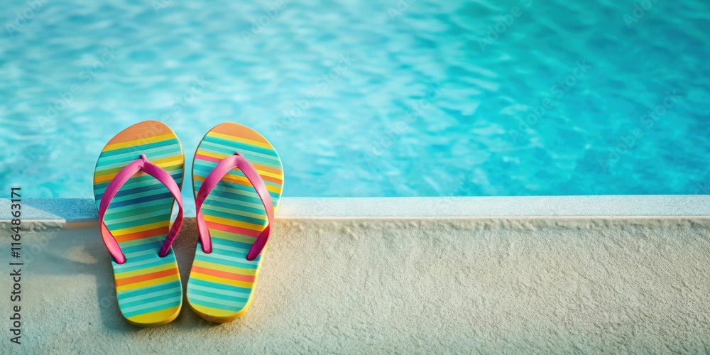 Naklejka premium Striped flip-flops rest beside a refreshing blue swimming pool, ready for a relaxing summer dip.