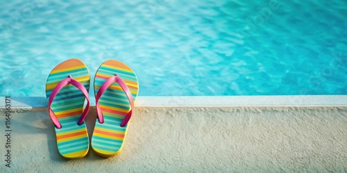 Striped flip-flops rest beside a refreshing blue swimming pool, ready for a relaxing summer dip. photo