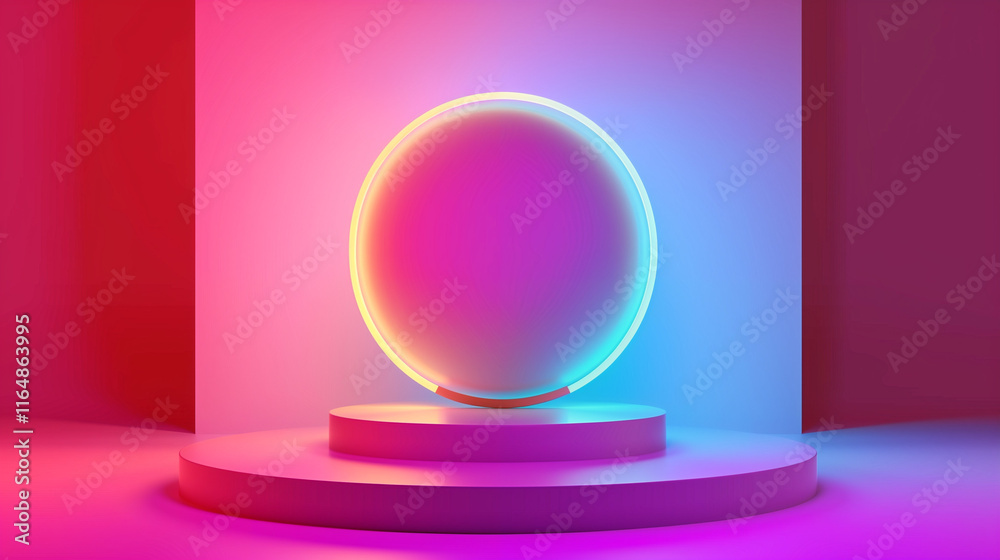Obraz premium Vibrant Neon Gradient Sphere on Podium - Abstract 3D Illustration with Colorful Glow for Modern Digital Art and Design Concepts