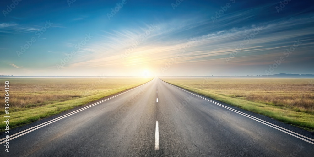 Asphalt road disappearing into the horizon at sunrise, offering a scenic view of a vast grassy plain Asphalt road disappearing into the horizon at sunrise, offering a scenic view of a vast grassy plain
