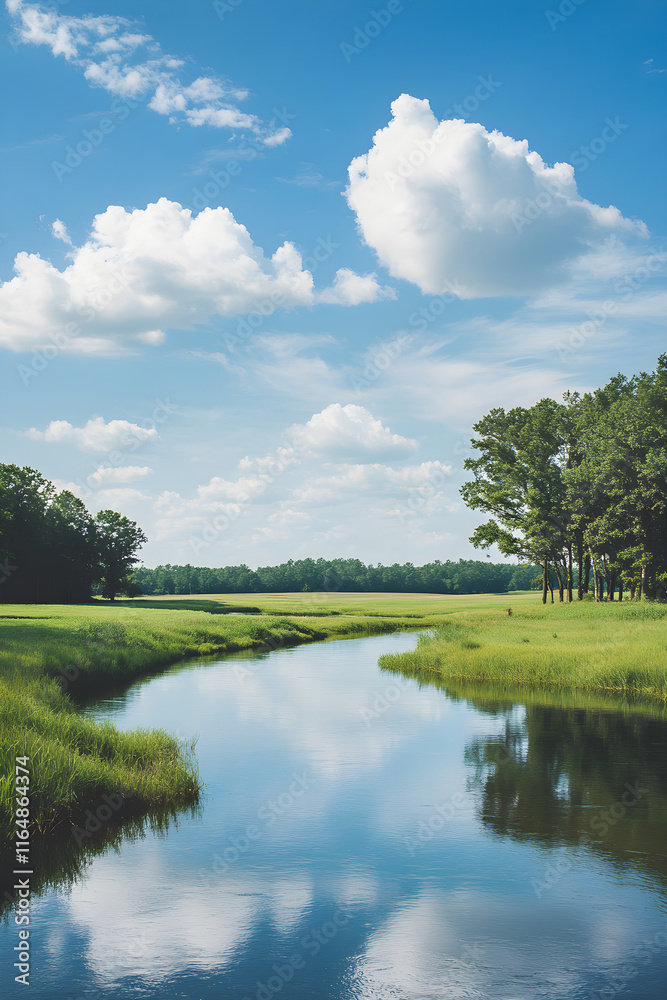 Peaceful Rural Landscape with Rolling Fields, River, and Trees under Blue Sky in Minimalist Flat Design