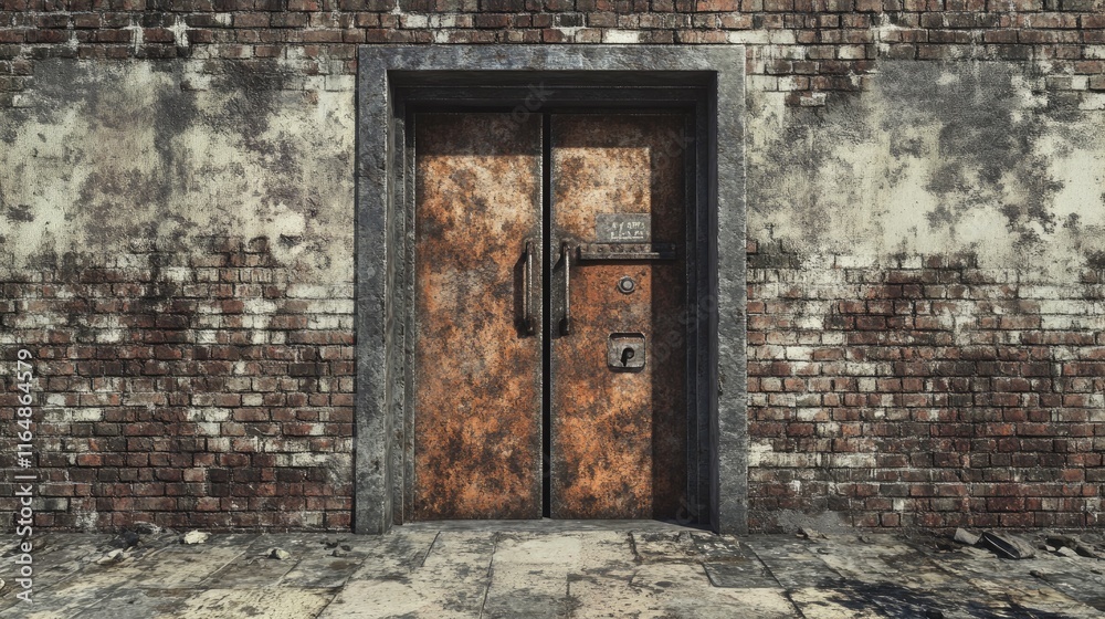 A pair of asymmetrical metal doors embedded in a weathered brick wall, standing as the entrance to a transformer area with an industrial feel A pair of asymmetrical metal doors embedded in a weathered brick wall, standing as the entrance to a transformer area with an industrial feel