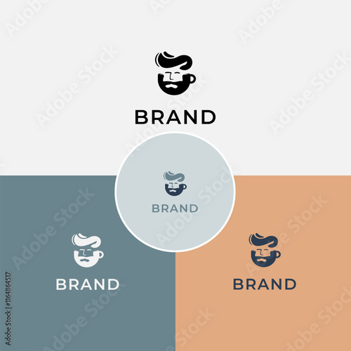 combination of logo of a cup of coffee and a man with bangs