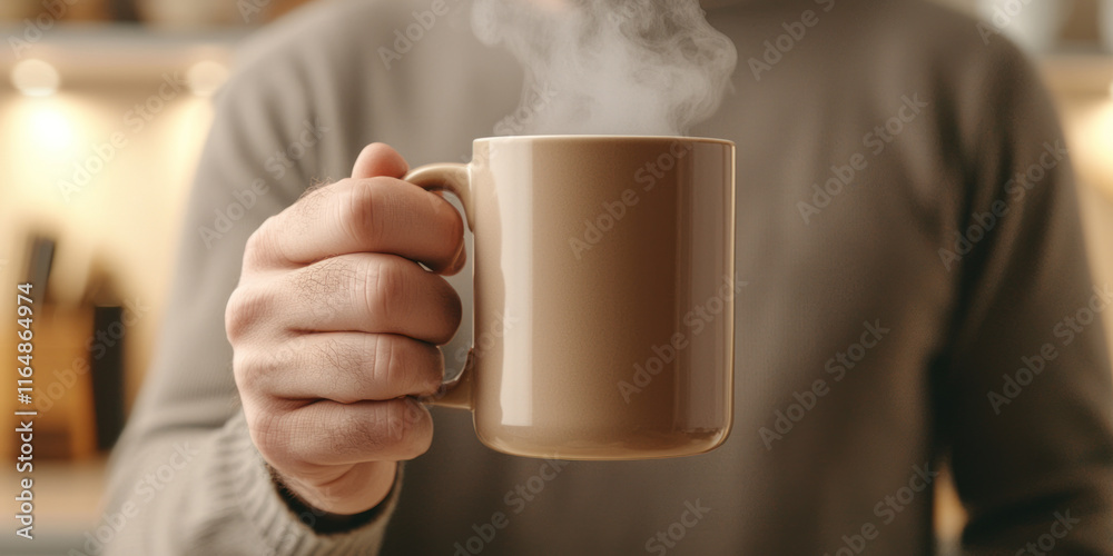 close up of man holding steaming cup of herbal tea, evoking warmth and comfort close up of man holding steaming cup of herbal tea, evoking warmth and comfort