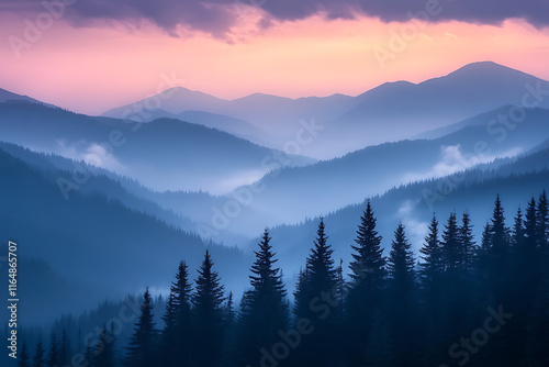 Enchanting mountain landscape at twilight, featuring layers of misty peaks and silhouetted pine trees under a dramatic purple and pink sky.