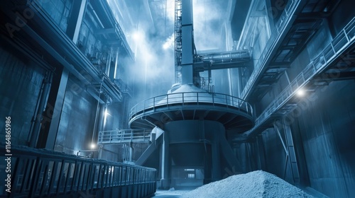Vertical roller mill grinding raw materials into fine powder for cement production in a clean industrial setup.