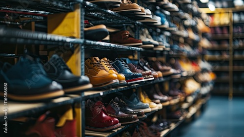 Warehouse filled with shelves of finished shoes neatly packed and ready for global distribution.