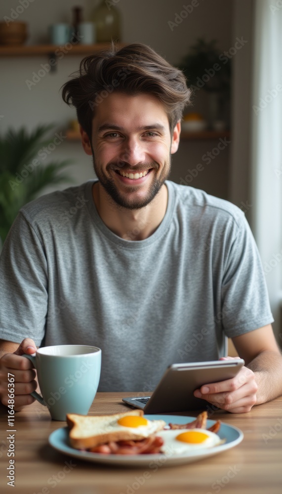 A cheerful young man with tousled hair sits at a wooden table, savoring a delicious breakfast of eggs and bacon while holding a coffee cup. His bright smile radiates warmth and happiness, creating a A cheerful young man with tousled hair sits at a wooden table, savoring a delicious breakfast of eggs and bacon while holding a coffee cup. His bright smile radiates warmth and happiness, creating a