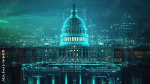 A reimagined U.S. Capitol building composed of circuit boards, glowing with lights from within, offering a futuristic, aerial perspective on the landmark photo