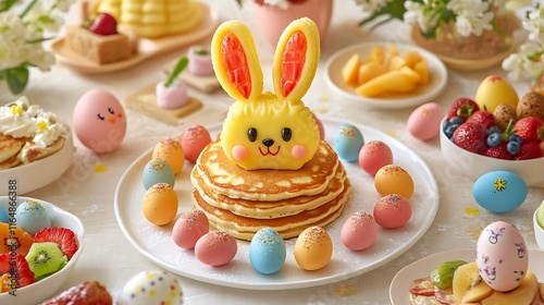 An Easter-themed breakfast with pancakes shaped like bunnies, fresh fruit, and colorful egg-shaped decorations 