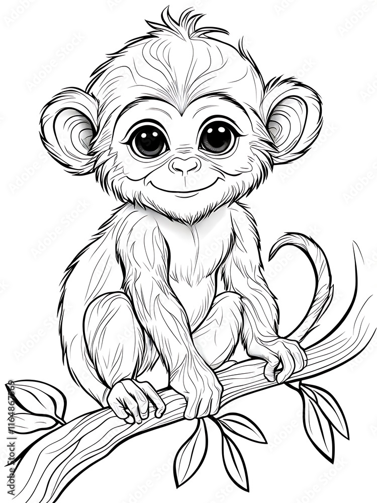 Obraz premium Whimsical Black and White Monkey Illustration for Coloring Book Pages