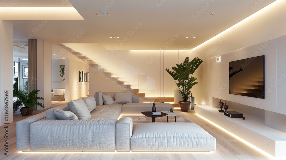 Hanging LED strip lights in a modern home interior, AI generated image Hanging LED strip lights in a modern home interior, AI generated image