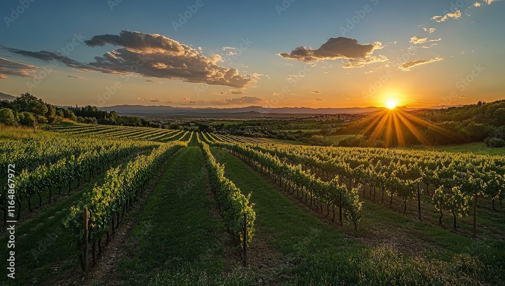 Fototapeta premium Sunset over rolling vineyard hills.