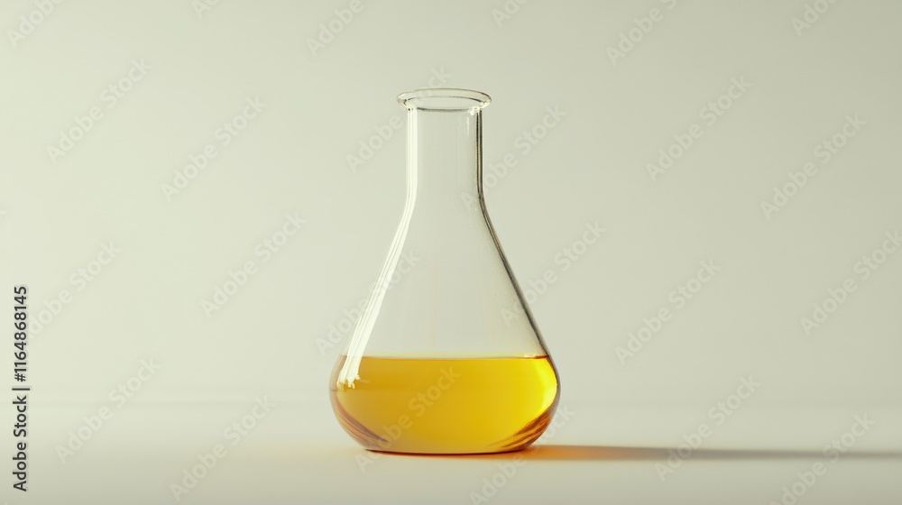 A side view of a glass flask filled with yellow liquid, standing firmly on a white background, with the liquid's brightness contrasting the clear glass A side view of a glass flask filled with yellow liquid, standing firmly on a white background, with the liquid's brightness contrasting the clear glass