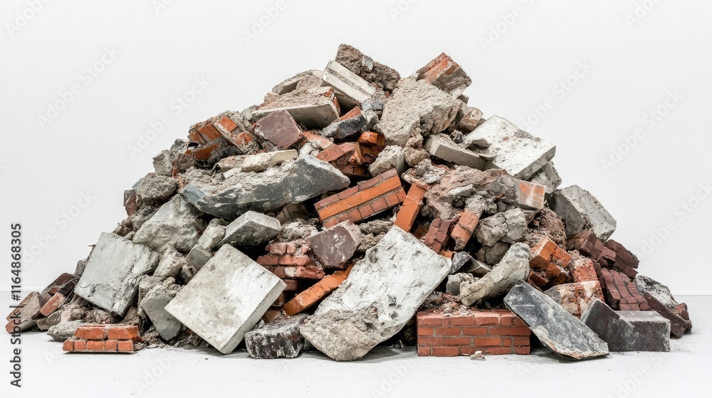 A side view of a rugged pile of construction debris--bricks, cement, and industrial metal--set against a white backdrop, showcasing the chaotic and textured elements A side view of a rugged pile of construction debris--bricks, cement, and industrial metal--set against a white backdrop, showcasing the chaotic and textured elements