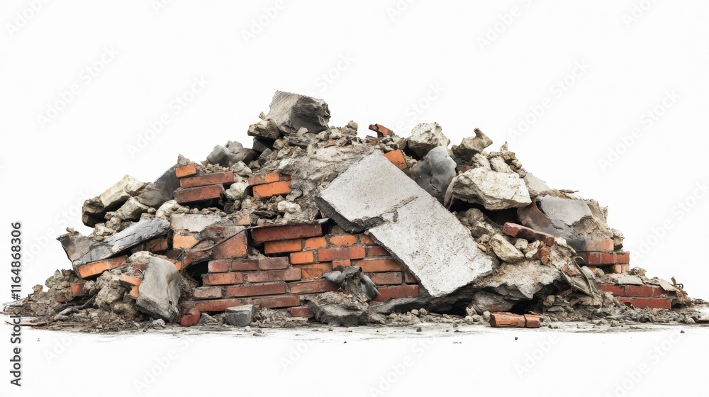 A side view of a rugged pile of construction debris--bricks, cement, and industrial metal--set against a white backdrop, showcasing the chaotic and textured elements A side view of a rugged pile of construction debris--bricks, cement, and industrial metal--set against a white backdrop, showcasing the chaotic and textured elements