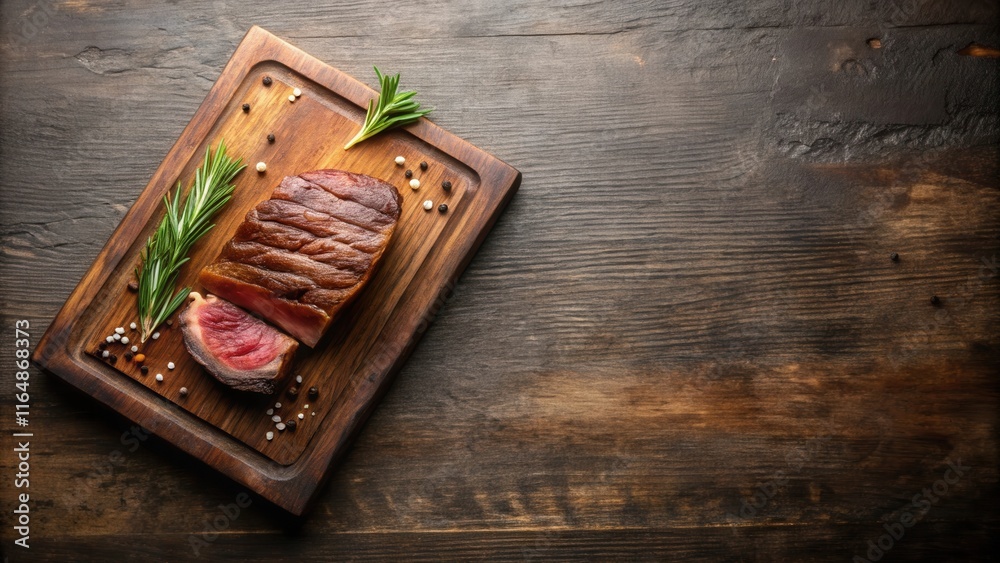 Seared Steak on Rustic Wooden Board with Rosemary and Spices Seared Steak on Rustic Wooden Board with Rosemary and Spices