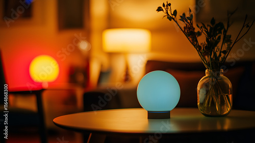 A cozy living room scene featuring colorful lamps, a glowing orb lamp on a table, and a vase with dried flowers, creating a warm ambiance.