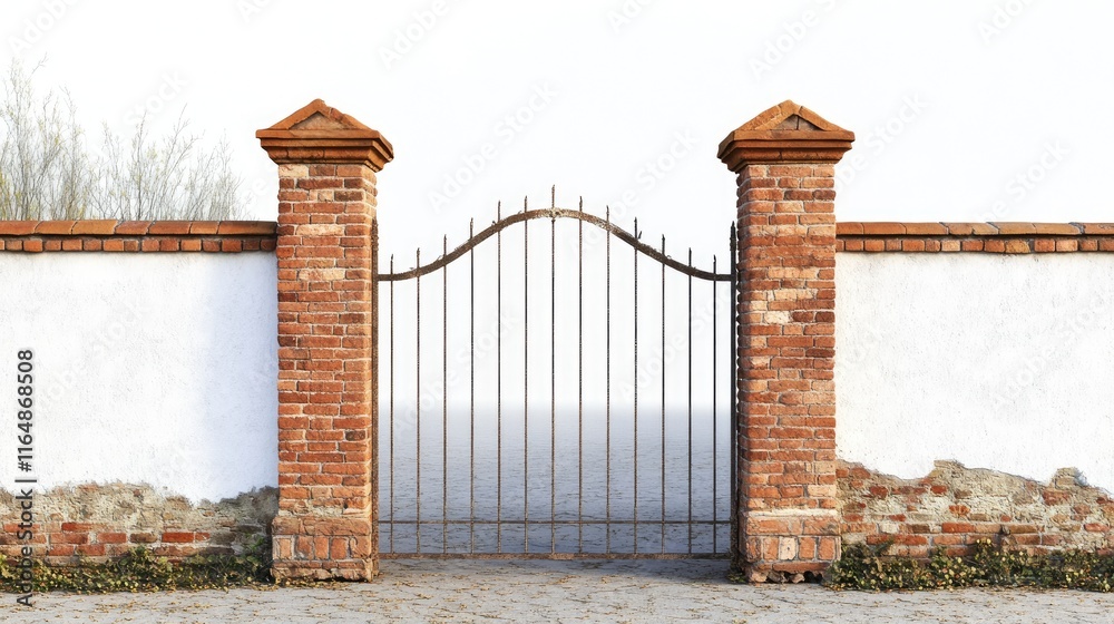 Naklejka premium A side view of a sturdy red brick gate, set against a crisp white backdrop, emphasizing the solid and timeless structure