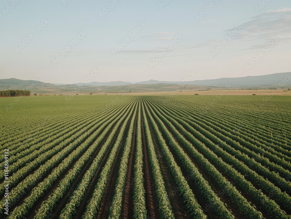 Aerial view of vast, lush green agricultural field with rows of crops under a clear sky. Aerial view of vast, lush green agricultural field with rows of crops under a clear sky.