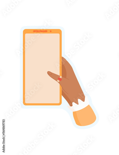 Sticker of hand holding phone. Template of smartphone held in a users palm. Digital application and gesture, modern screen for versatile use.