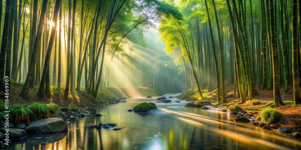 Fototapeta premium Serene Bamboo Forest Stream with Golden Sunlight Rays Illuminating a Peaceful Landscape